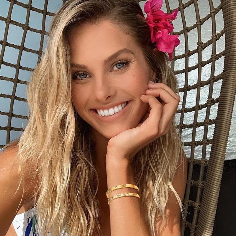 MPRAINBOW Gold Bracelets for Women, 2Pcs 18K Gold Plated Cubic Zirconia Bangle Crystal Friendship Bracelet Jewelry,Wedding Party Christmas Birthday Gifts for Her Girlfriend Sister Daughter - Image 2